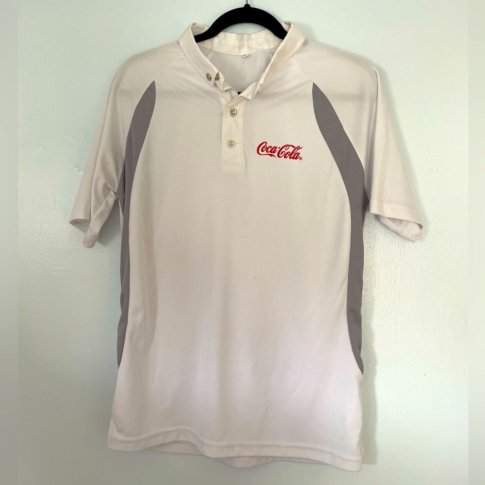 Coca Cola White Golf Shirt Size Large w Gaston on reverse Beauty & the Beast